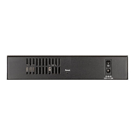 Schwarzes elektronisches Gerät, mit Lüftungsschlitzen, Ein-/Aus-Schalter und Reset-Taste.