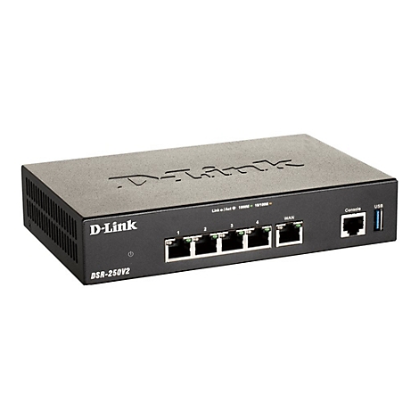 Ein schwarzer D-Link Router, von vorne fotografiert. Oben steht D-Link. Anschlüsse für Kabel, USB und Konsole sind sichtbar.