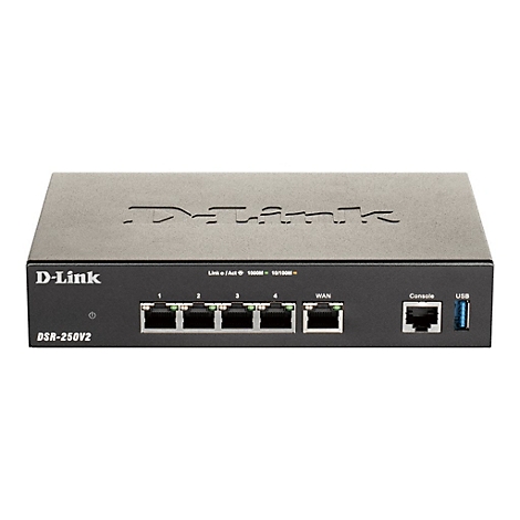 Schwarzer D-Link Router, vorne: 4 LAN, WAN, Console, USB. Logo D-Link.