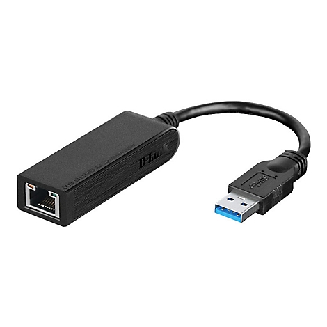 Adaptateur USB vers Ethernet D-Link noir. RJ45 Ã  une extrÃ©mitÃ©, USB Ã  l'autre, reliÃ©s par un court cÃ¢ble.