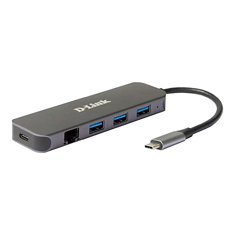 Grauer D-Link USB-Hub mit Anschlüssen für USB, Ethernet und USB-C-Kabel.