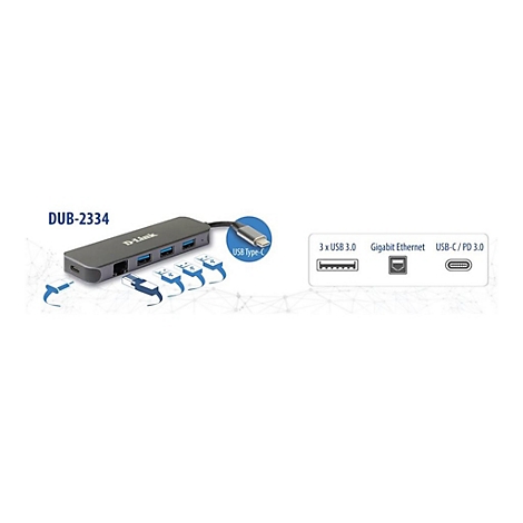 Ein grauer D-Link USB-Hub mit Anschlüssen, beschriftet mit DUB-2334. Enthält 3xUSB 3.0, Gigabit Ethernet, und USB-C/PD 3.0.