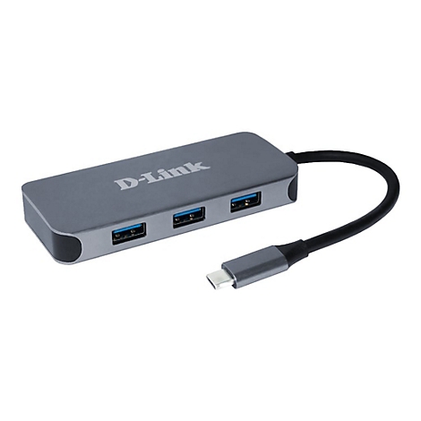 Grauer USB-Hub von D-Link mit drei USB-A-Anschlüssen und einem USB-C-Anschluss. Schwarzes Kabel, weißer Hintergrund.