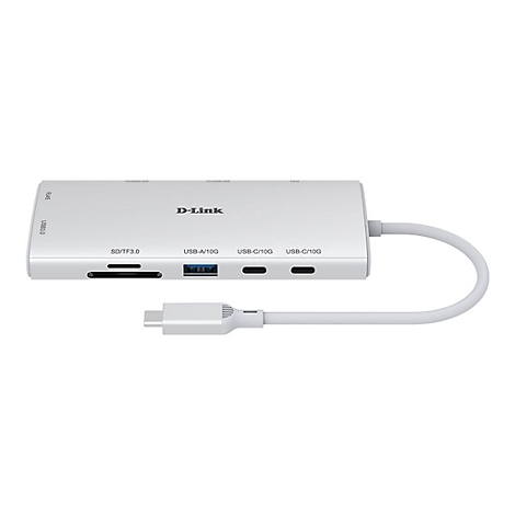 Weißer D-Link USB-C-Hub mit verschiedenen Anschlüssen, inklusive USB 3.0, SD/TF, USB-A und USB-C, mit angeschlossenem USB-C-Kabel.