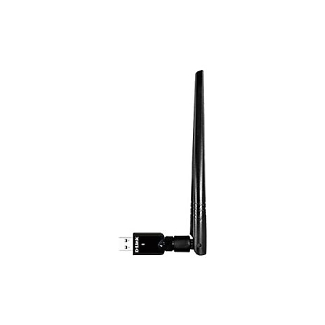 Schwarzer D-Link WLAN-USB-Stick mit vertikal ausgerichteter Antenne vor weißem Hintergrund.