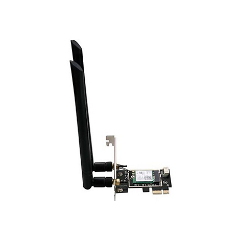 PCIe WLAN-Karte mit zwei schwarzen externen Antennen auf weißem Hintergrund.