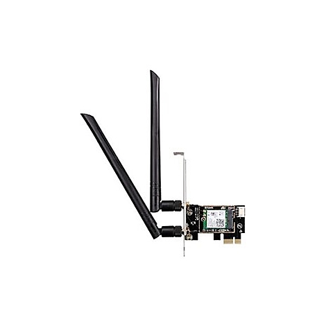 PCIe-WLAN-Karte mit zwei schwarzen Antennen vor weißem Hintergrund.