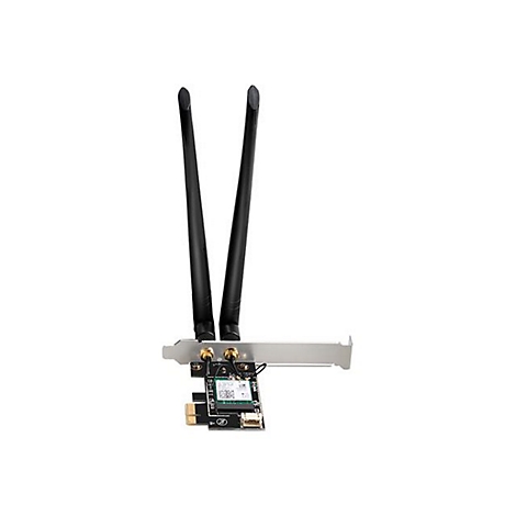 PCIe-WLAN-Karte mit zwei langen, schwarzen Antennen auf einer silbernen Metallblende.