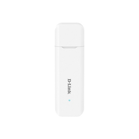 Weißer D-Link USB-WLAN-Adapter vor weißem Hintergrund. Mit D-Link Logo und blauer LED.