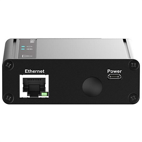 Ein schwarzes Netzwerkgerät mit "Ethernet" und "Power" Anschlüssen. Oben befinden sich Status-LEDs.