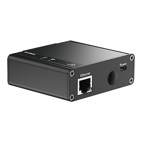 Schwarzes D-Link Ethernet-Gerät. Auf der Vorderseite: „Ethernet“. Rückseite: „Power“-Anschluss und Schrauben.