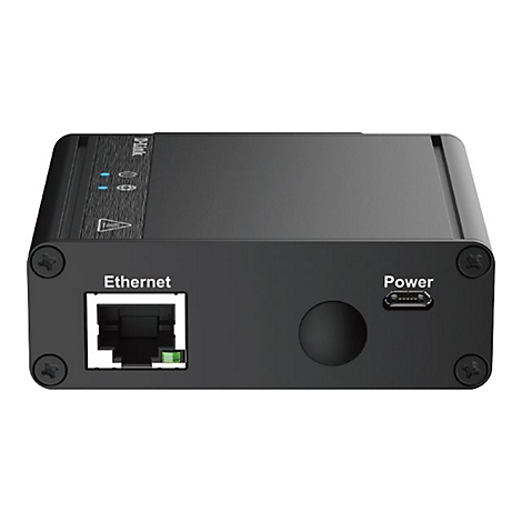 Schwarzes D-Link-Gerät mit Ethernet-Anschluss, Power-Port und LED-Anzeigen.