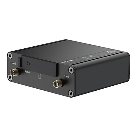 Schwarzer D-Link Router. Zwei Anschlüsse für Cell, Reset-Knopf, Power-LEDs.