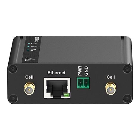 Schwarzes D-Link Gerät mit Anschlüssen für Ethernet, Strom, Erdung und Antennen. Auf der Oberseite sind Status-LEDs.