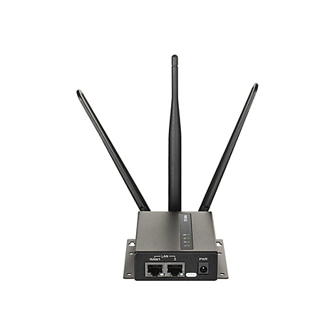 Schwarzer Router mit drei Antennen, beschriftet mit LAN, WAN und PWR.