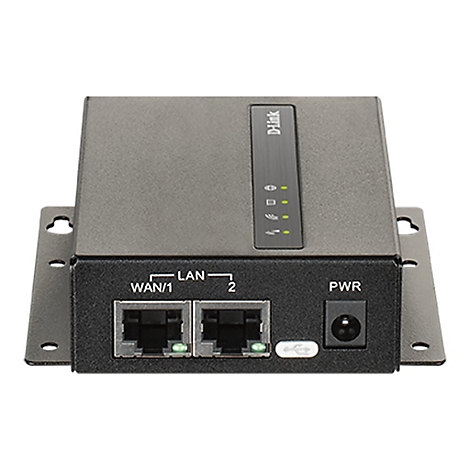 Ein schwarzer D-Link Router. Auf der Vorderseite sind Anschlüsse für LAN und WAN/1 sowie eine Power-Buchse. Oberhalb leuchten grüne LEDs.