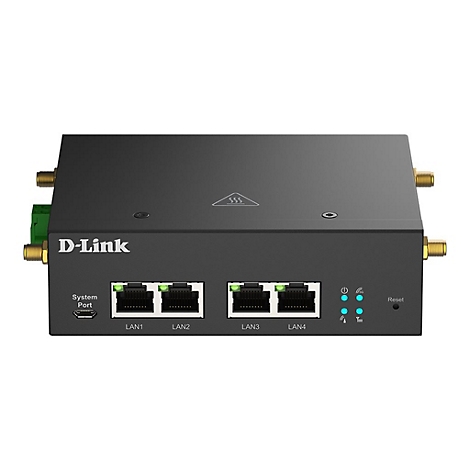 Dunkelgrauer D-Link-Router mit LAN-Ports, Leuchten und Antennen. Aufschrift: LAN1, LAN2, LAN3, LAN4. Mit Reset-Knopf.