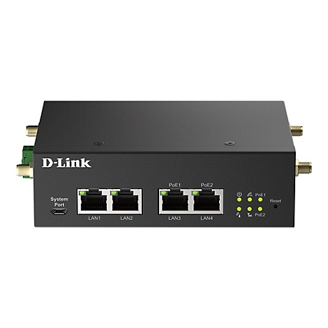 Ein schwarzes D-Link-Netzwerkgerät mit Anschlüssen und Kontrollleuchten. Aufschrift: "D-Link", "LAN1-4", "PoE1-2", "Reset".