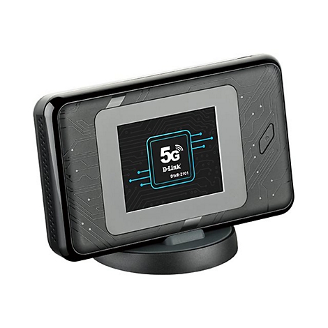 Drahtloses 5G-Modem auf einer Halterung. Schwarzes Gehäuse, Display mit Logo und technischen Daten, D-Link. Grauer Rahmen.