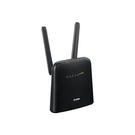 Schwarzer WLAN Router mit zwei Antennen und Leuchtanzeigen, vor weißem Hintergrund. D-Link Logo.