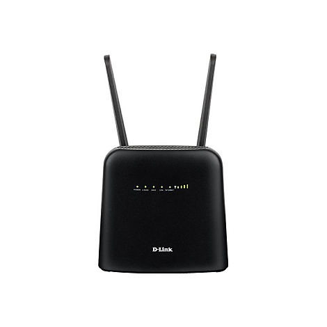 Schwarzer WLAN-Router mit zwei Antennen. Die Vorderseite zeigt Status-LEDs und das D-Link-Logo.