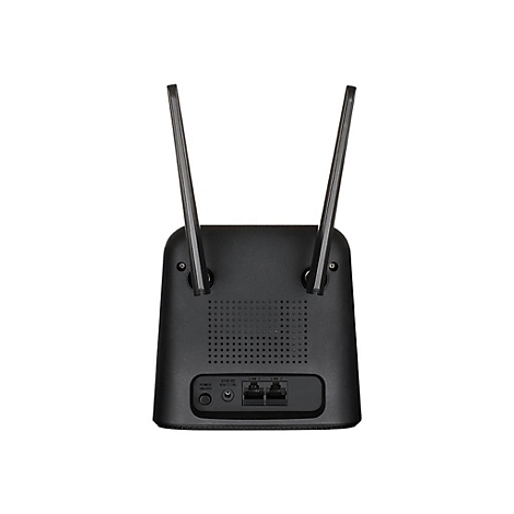 Schwarzer Router mit zwei Antennen. Unten sind Anschlüsse, Power-Taste und LED-Anzeigen zu sehen.