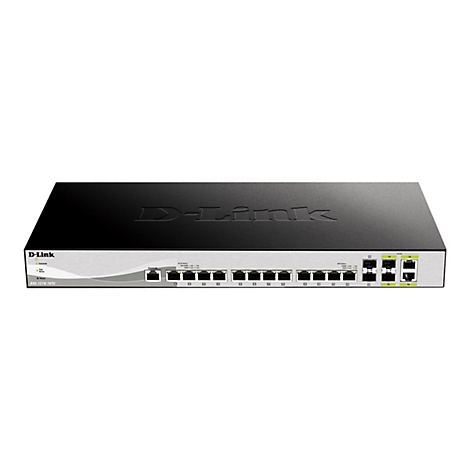Schwarzer D-Link Switch. Silberne Front mit Anschlüssen, schwarzer Deckel. Aufschrift D-Link.
