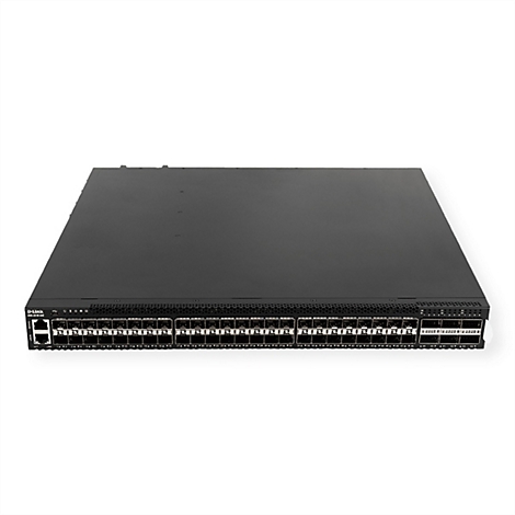 Schwarzer D-Link Netzwerk-Switch DXS-3610-54S mit zahlreichen Frontanschlüssen auf weißem Hintergrund.