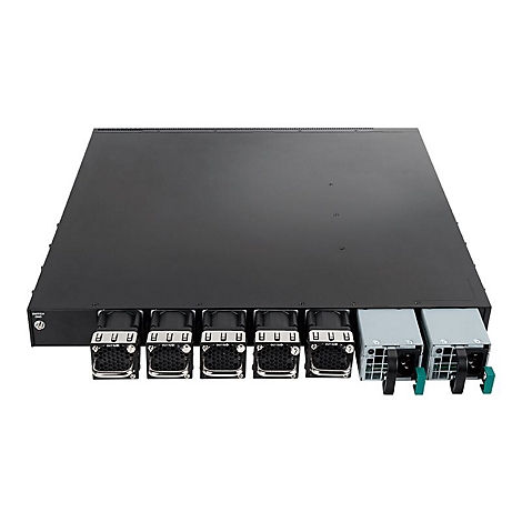 Schwarzer Netzwerk-Switch, Ansicht von oben. Sechs Lüfter, zwei Netzteile, Beschriftung SWITCH/GND.