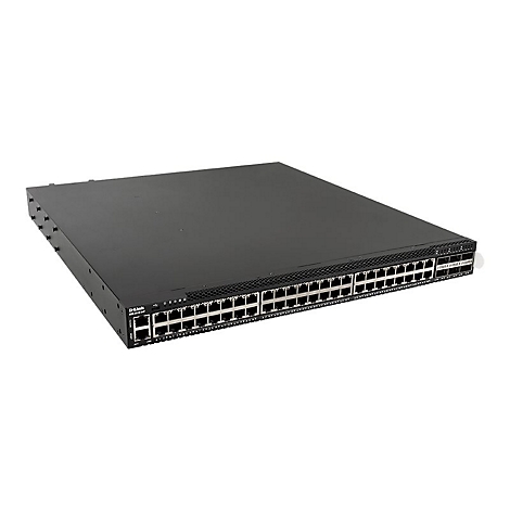 Schwarzer Netzwerk-Switch mit vielen Ports. Das D-Link-Logo ist sichtbar.