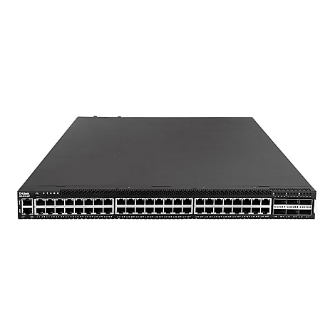 Ein schwarzer D-Link Netzwerkswitch mit zahlreichen Anschlüssen vor weißem Hintergrund.