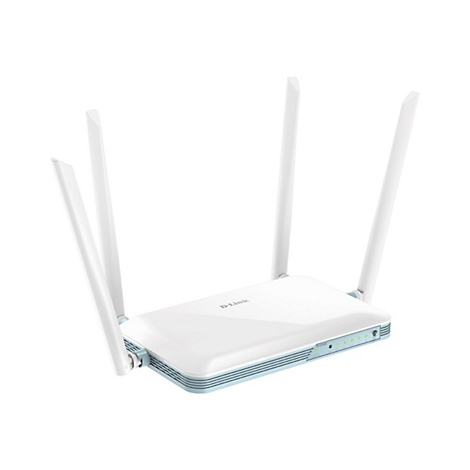 Ein weißer D-Link Router mit vier Antennen, hellblau abgesetzt.
