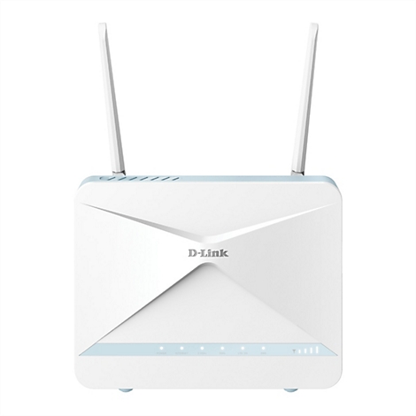 Weißer D-Link Router mit zwei Antennen. Am unteren Rand befinden sich mehrere Leuchten. Das Gerät steht vor weißem Hintergrund.