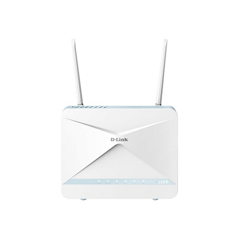 Ein weißer D-Link Router mit zwei Antennen. Am unteren Rand befinden sich mehrere Kontrollleuchten.