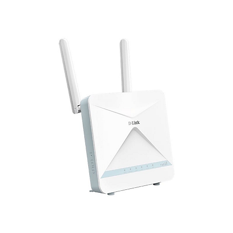 Weißer D-Link WLAN-Router. Er hat zwei Antennen, blaue Akzente und blaue LED-Leuchten. Das Gerät steht leicht schräg.