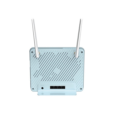 Hellblauer WLAN-Router mit zwei Antennen. Unten befindet sich eine Reihe von Anschlüssen, beschriftet mit "INTERNET".
