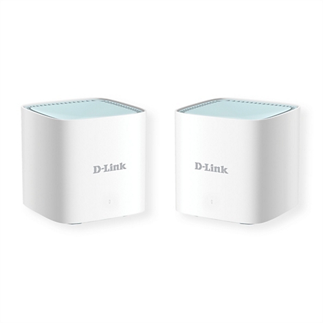 Zwei weiße, quaderförmige D-Link WLAN-Router mit hellblauer Oberseite vor weißem Hintergrund.