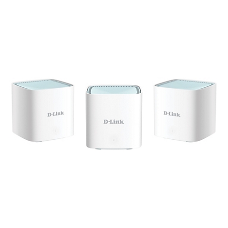 Drei weiße D-Link Router mit hellblauen Oberseiten auf weißem Grund. Die Geräte zeigen das D-Link Logo.