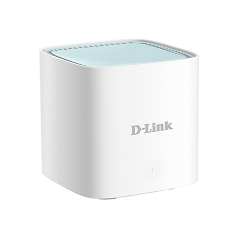 Weißer D-Link Router mit blauer Oberseite. Das D-Link Logo ist mittig angebracht.