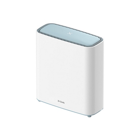 Weißer Router mit hellblauem Deckel und Logo von D-Link.