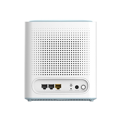 Ein weißer Router mit blauen Akzenten, schwarzem Lochmuster und Anschlüssen.