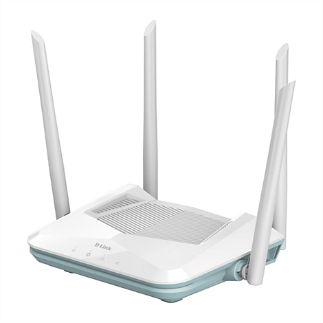 Drahtloser Router in Weiß und Hellblau mit vier Antennen, auf weißem Hintergrund.