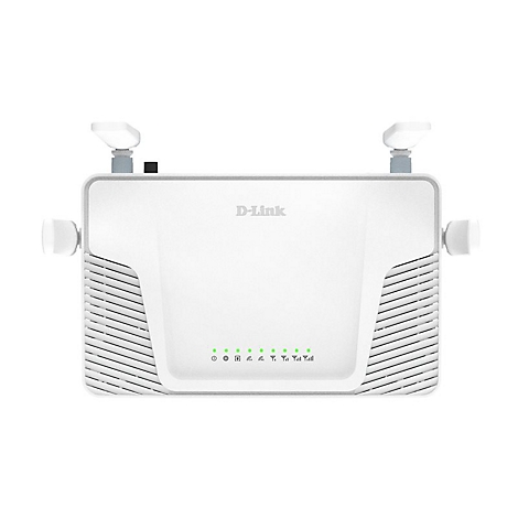 Weißer D-Link-Router mit zwei Antennen und grünen LEDs.