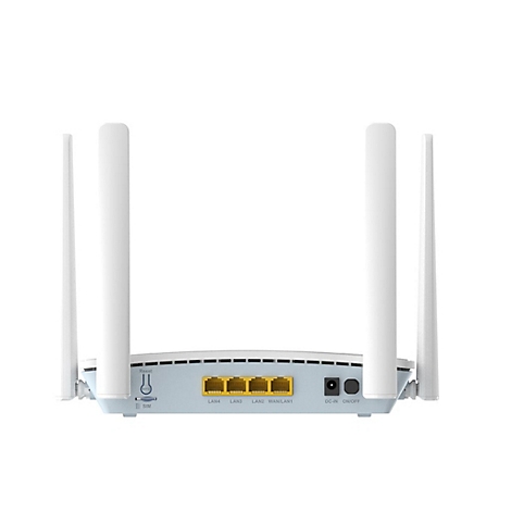 Rückseite eines Routers mit vier Antennen, LAN-, WAN- und Stromanschlüssen. Aufschrift: Reset, SIM, DC-IN, ON/OFF.