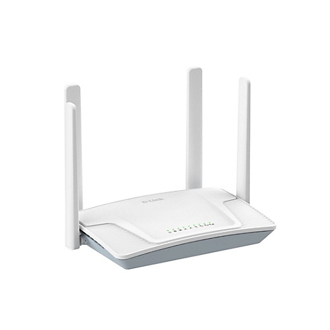 Ein weißer D-Link Router mit vier Antennen, die aus dem Gehäuse ragen. Kleine LEDs leuchten grün.