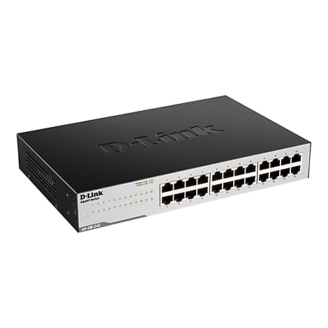 Ein schwarzer D-Link Gigabit Switch mit zahlreichen Ethernet-Anschlüssen.