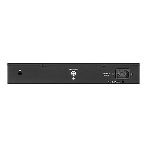 Schwarzer Netzwerk-Switch mit Anschlüssen. Aufschrift: Switch GND, 100-240V AC, Power Cord Retainer.