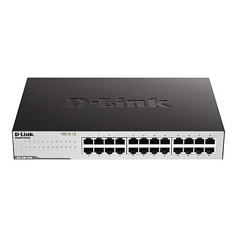 Ein schwarzer D-Link Gigabit Switch mit 24 Anschlüssen. Oben links ist das D-Link Logo. Unten befinden sich Anschlussnummern und LED-Anzeigen.