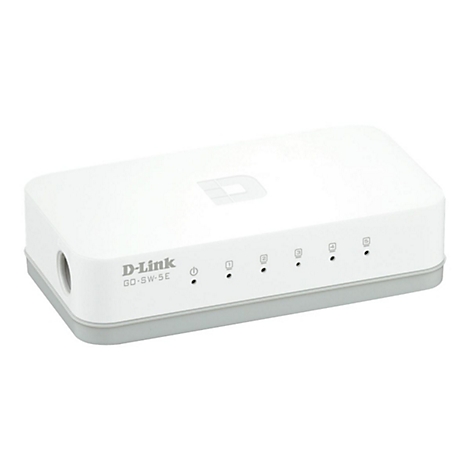 Un commutateur Ethernet D-Link GO-SW-5E blanc. Le haut porte le logo D-Link et 5 voyants lumineux.