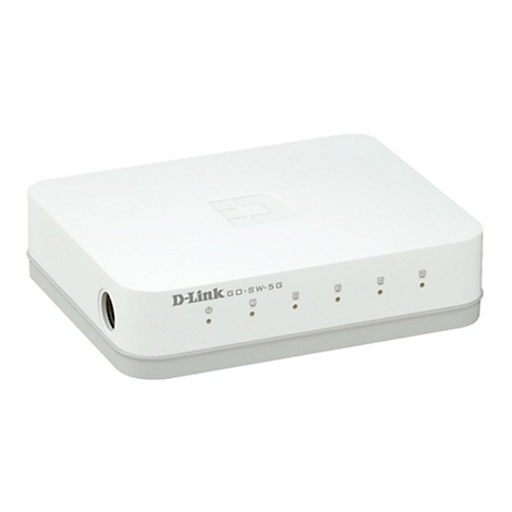 Weißer D-Link GO-SW-5G Switch mit grauer Basis. Auf der Vorderseite sind leuchtende Punkte und Schriftzüge zu sehen.